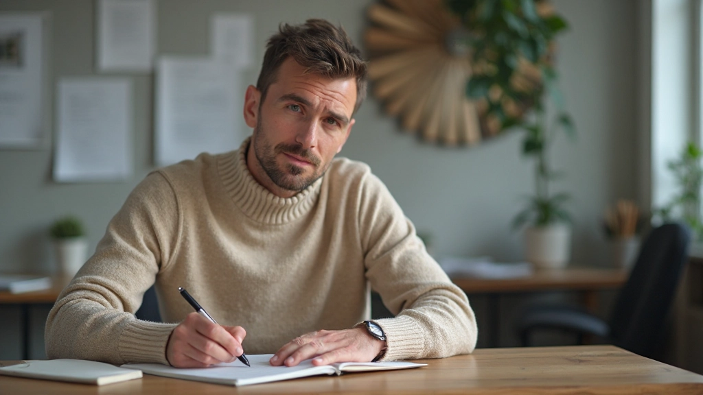 Professionele man van 40 jaar, volledig gekleed in beige pullover, zittend op bureau en schrijvend in notitieboek, moderne werkplek, zachte verlichting, vage achtergrond