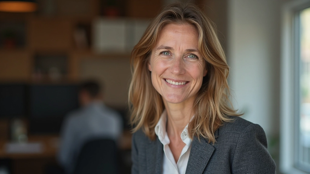 Persoon met tevreden gezicht na succesvol Nederlands lesmoment, bureaublad achter zich