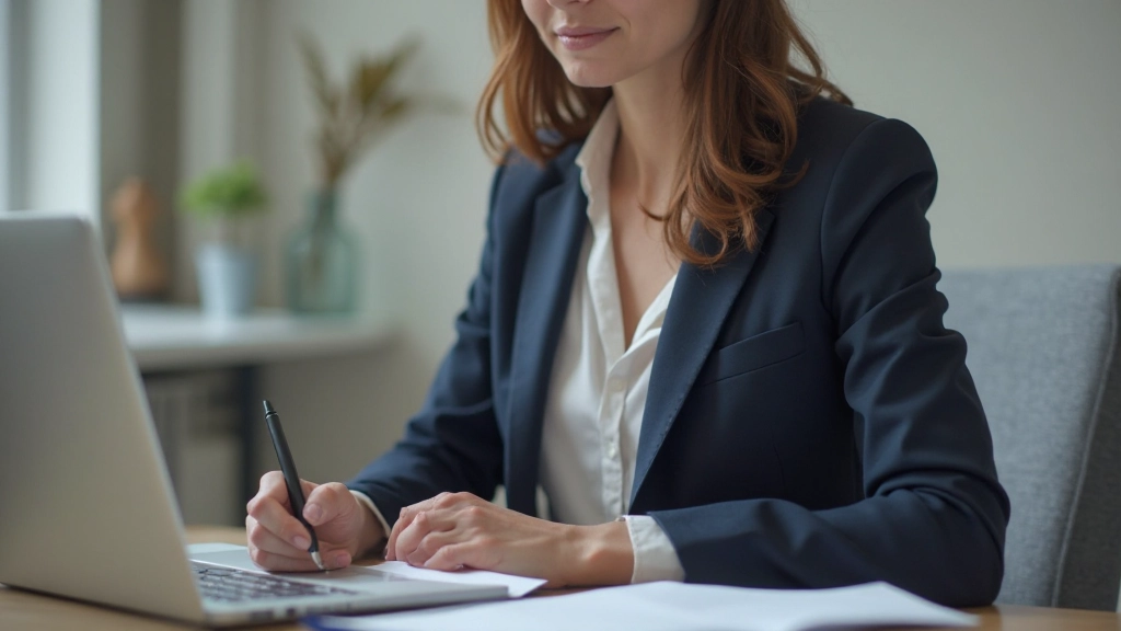 Professionele vrouw van 35 jaar, volledig gekleed in kantoor blazer, zittend aan bureau met laptop en Nederlands leermateriaal, natuurlijk daglicht, vage achtergrond