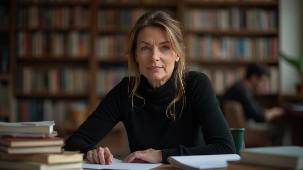 Professionele vrouw van 38 jaar, volledig gekleed in zwarte trui, zittend in bibliotheek omgeven door taalboeken en notities, concentrerende blik, warm licht, vage achtergrond